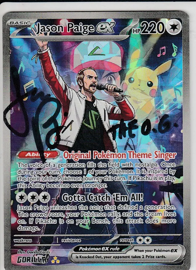jason paige pokemon card Original Pokémon Theme Song Singer Photo Frame with 3 Signed Pokémon Cards Home & Kitchen This Jason Paige card is